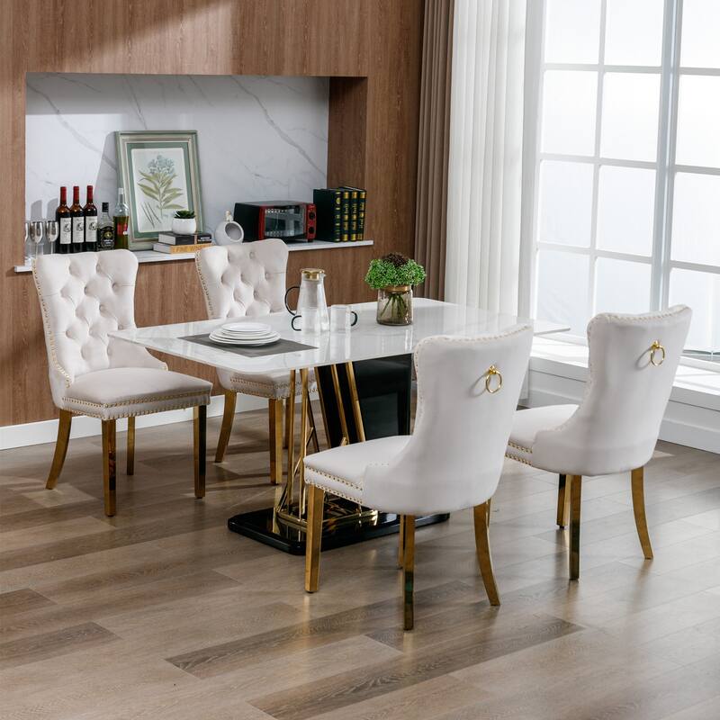 Set of 2 Velvet Dining Chairs with Nailhead Trim and Gold-Plated Legs