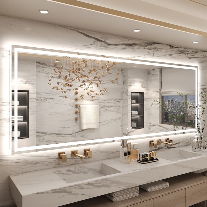 Frameless LED Front Light and Backlit 3 Colors Dimmable Anti-Fog Wall Bathroom Vanity Mirror - 96" x 36"-Square Corner