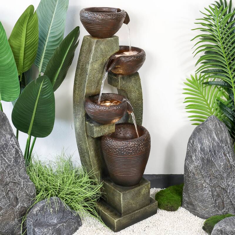 Outdoor Water Fountain with Light, 40'' Resin Water Feature