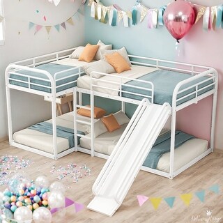 Full and Twin Size L-Shaped Bunk Bed with Slide and Short Ladder, White