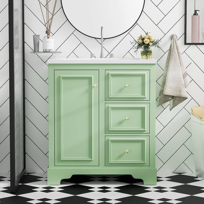 30'' Bathroom Vanity with Top Sink, Freestanding Vanity Set with Mirror Cabinet - Green-Only Bathroom Vanity Cabinet with Sink