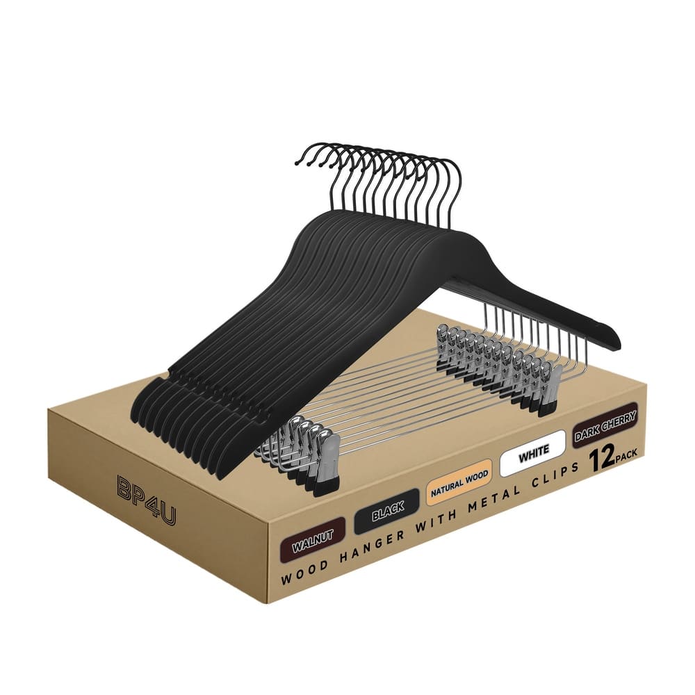 BP4U Solid Wood Hangers with Adjustable Metal Clips, Wooden Hangers for Suits, Coats, Jackets, Pants, Dresses, Skirts, Pants