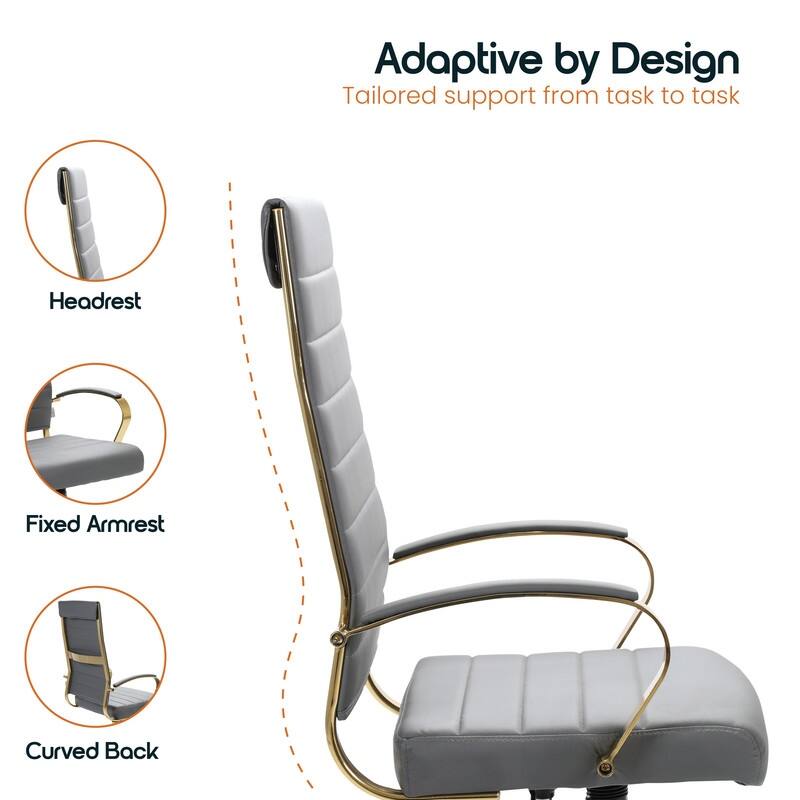 Benmar Ergonomic Ribbed Back Gold Frame Leather Executive Office Chair with Adjustable Height, Tilt, Swivel & Smooth Casters