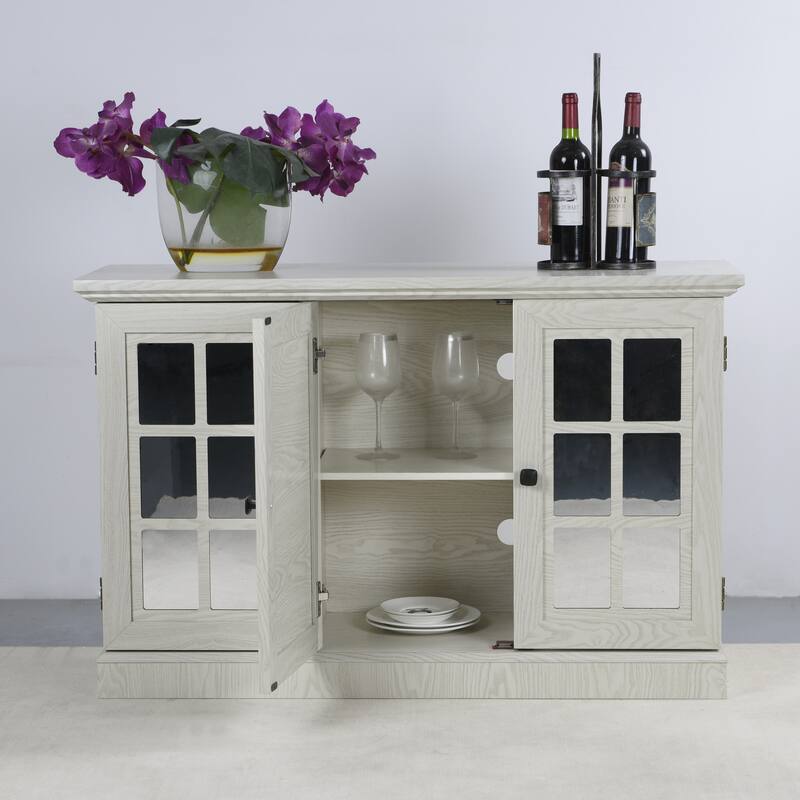 Sideboard Cabinet with 3 Mirrored Acrylic Doors, Multifunctional Wood Storage Cabinet, Accent Cabinet with Adjustable Shelves