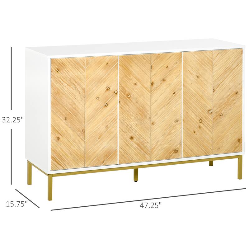 3 Door Sideboard Buffet Cabinet, Kitchen Cabinet, Coffee Bar Cabinet with Chevron Pattern, Adjustable Shelf and Metal Legs