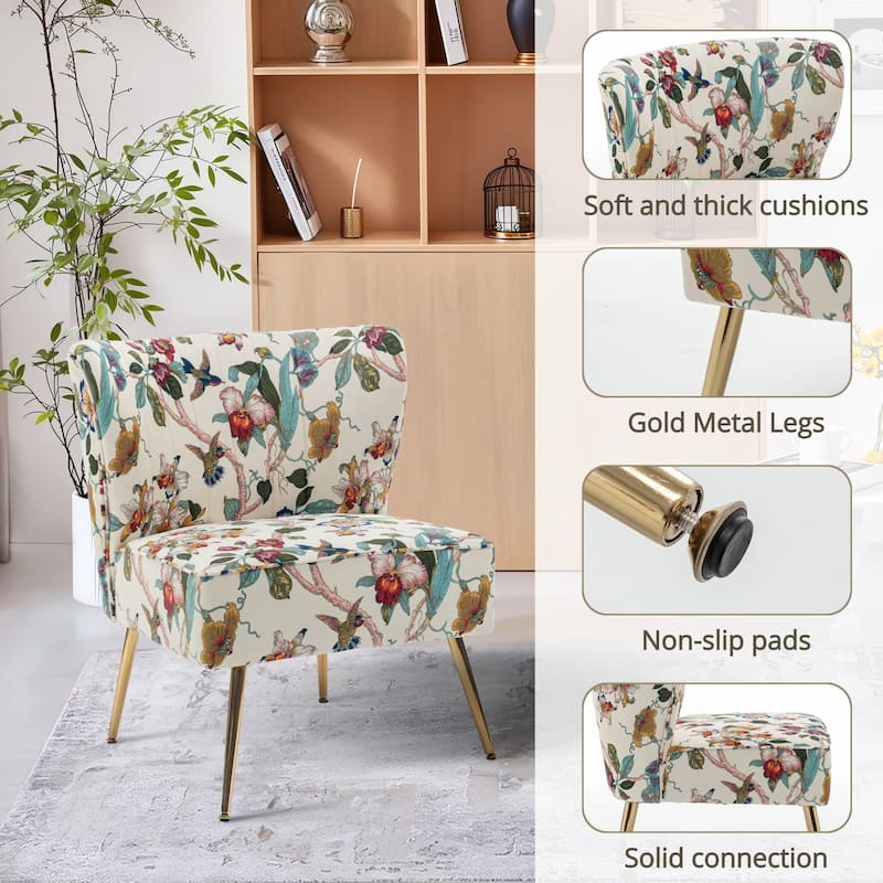 Velvet Floral Accent Chair with Gold Legs, Modern Comfy Tufted Side Chair for Living Room/Bedroom