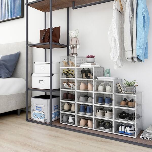 18 Pack Stackable Organizer Clear Plastic Foldable Shoe Storage Box See The Specifications Overstock 31763128