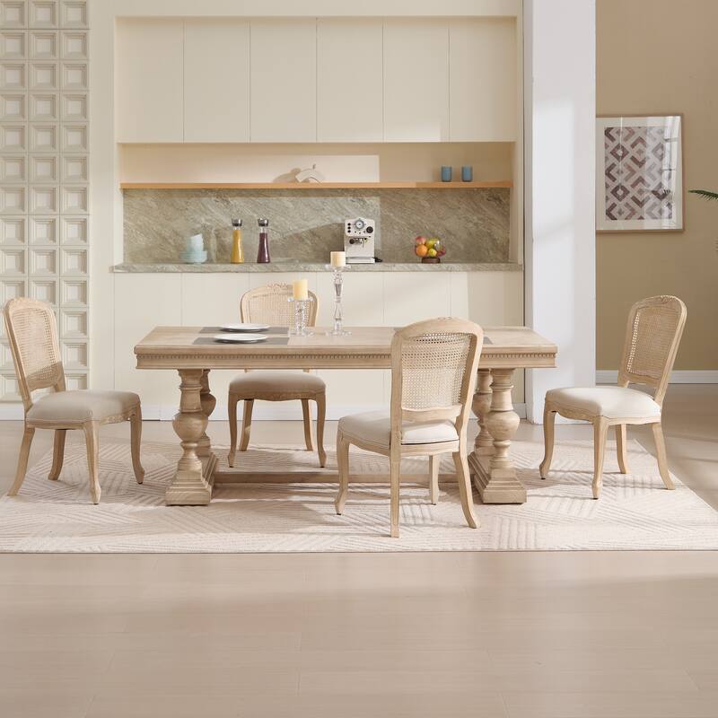 Dining Chairs Set of 2,Upholstered Chairs with Nature Rattan Fan-shaped Back,Wire Drawing And Carving Techniques,Disassemblable
