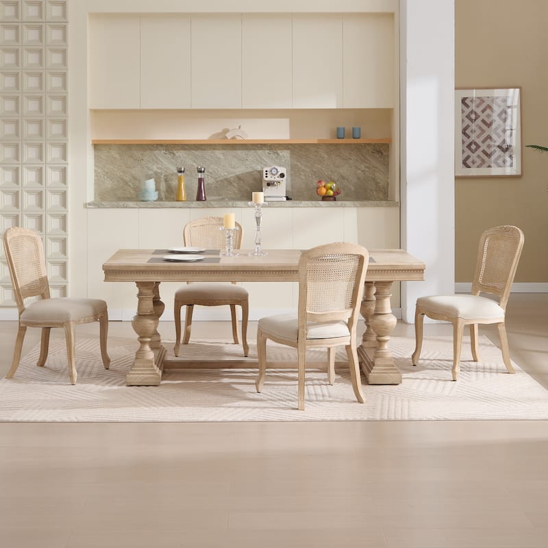 French Country Wood Dining Chairs Set of 2 Cotton Linen Seat