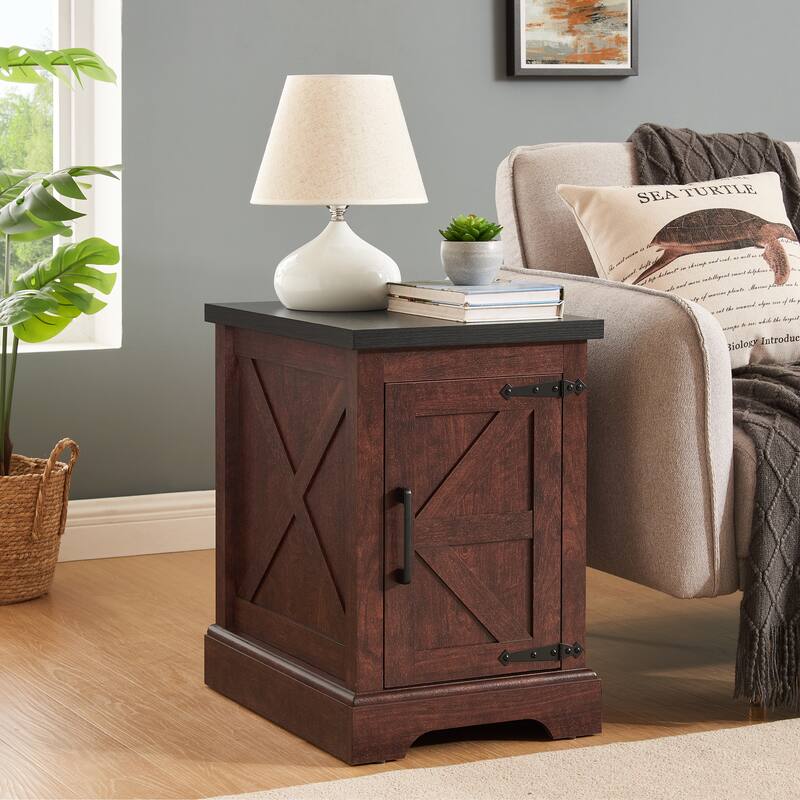 Anmytek Farmhouse Side Table with Barn Door Storage Rustic Nightstand End Table for Bedroom Living Room - Brown