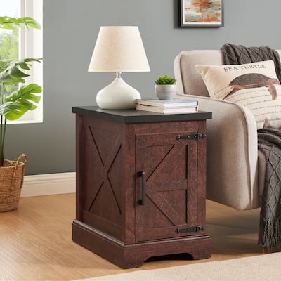 Farmhouse End Table Nightstand Rectangular Farmhouse End Table with Barn Door and Adjustable Storage Shelf