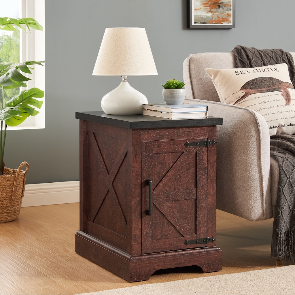 Farmhouse End Table Nightstand Rectangular Farmhouse End Table with Barn Door and Adjustable Storage Shelf