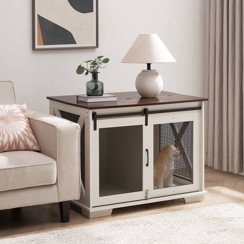 Dog Cage Crate Furniture with Sliding Barn Door, Dog Kennel End Table with Flip-top Plate Dog House with Detachable Divider - White