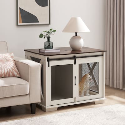 Dog Cage Crate Furniture with Sliding Barn Door, Dog Kennel End Table with Flip-top Plate Dog House with Detachable Divider
