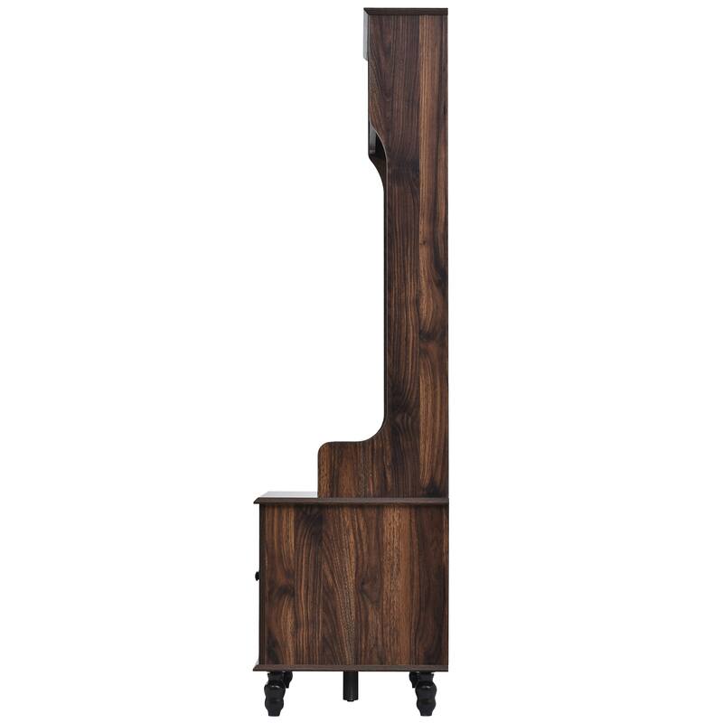 Modern Hall Tree, Entryway Bench with 2 Open Storage Shelves, 4 Metal Double Hooks, for Entrance and Hallway