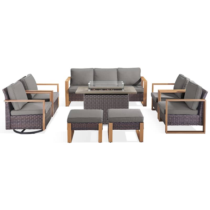 Meyreso Wicker Outdoor Patio Fire Pit Set with Swivel Gliders and Olefin Cushions