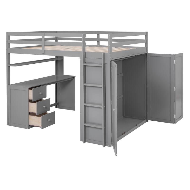 Space-Saving Full Loft Bed with Desk, Drawers, and Wardrobe in Gray