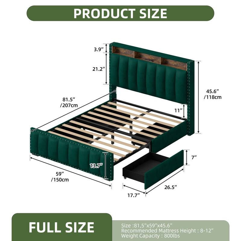 Full / Queen / King Size Platform Bed Frame with Upholstered Storage Headboard and 4 Drawers - Green - Full