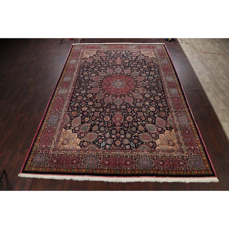 Hand Knotted Oriental 100% Wool Carpet Traditional Floral Navy Blue & Blues Mashad Area Rug - 15' 5'' X 11' 1''