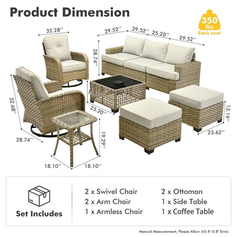 OVIOS 9 Pieces Wide Arm T shaped Seat Curved Swivel Chair Set With Solar-Powered Table