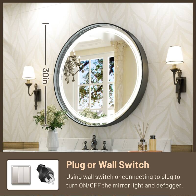 KEONJINN Round LED Front Light Bathroom Vanity Wall Mirror 3 Colors, Anti-fog, Metal Frame