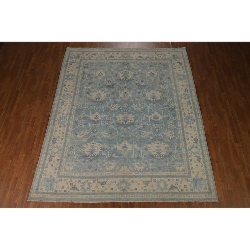 Transitional Blue Oushak Turkish Area Rug Hand-Knotted Wool Carpet - 8'0"x 9'10"