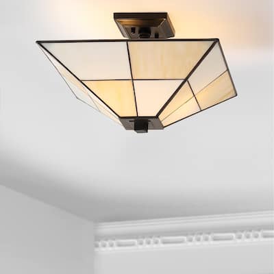 Jasmine 15.7" Tiffany-Style Glass/Metal LED Semi-Flush Mount, White/Cream by JONATHAN Y