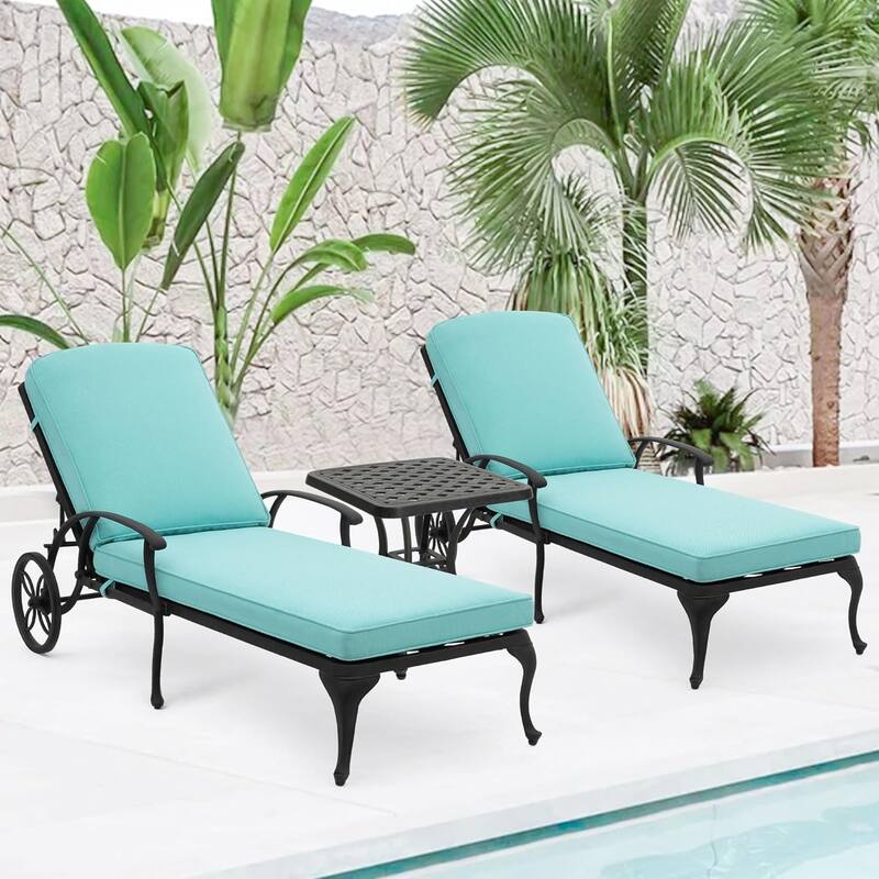 3-Piece Aluminum Reclining Outdoor Chaise Lounge with Cushions and Table - Cyan