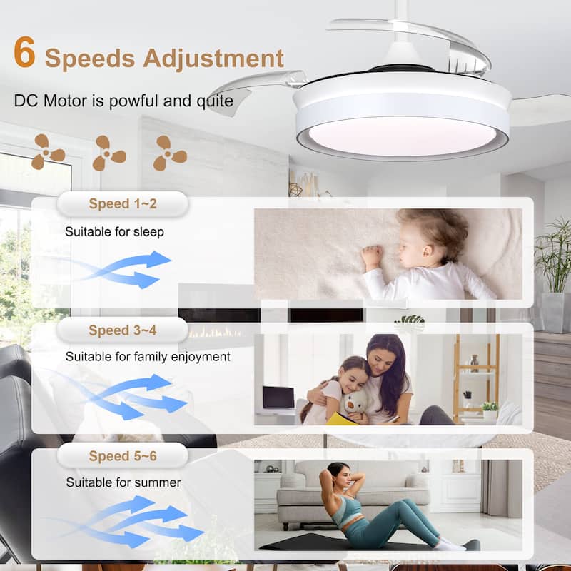 Bella Depot 36" Modern Retractable Ceiling Fan with Dimmable Led Light and Remote, 6-Speed Reversible DC Motor