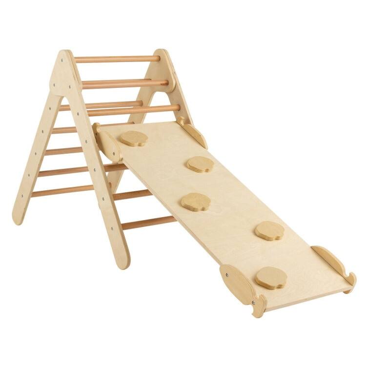3-in-1 Wooden Climbing Triangle Set Triangle Climber with Ramp - 34" x 19" x 29" (L x W x H) - Natural
