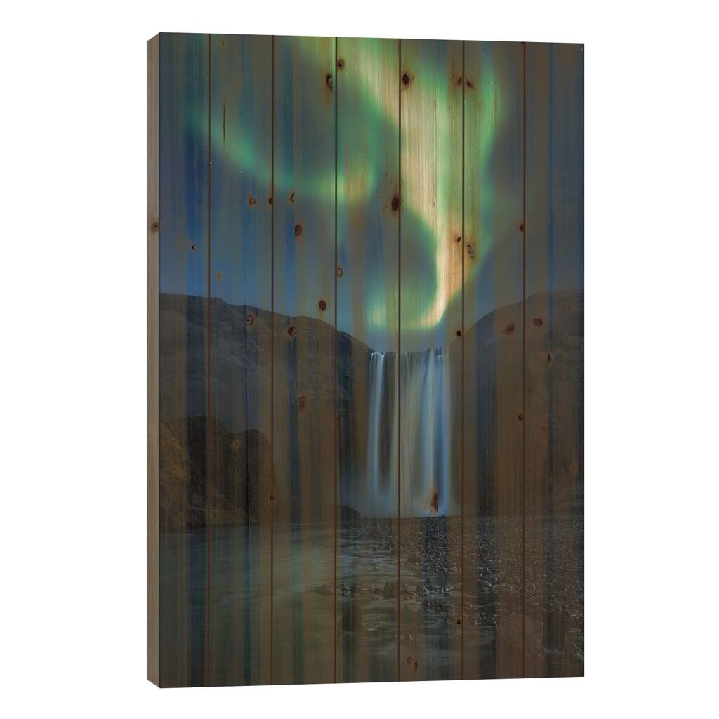 Dancing Aurora Borealis Above Skogafoss Print On Wood by Daniel Gastager - Multi-Color
