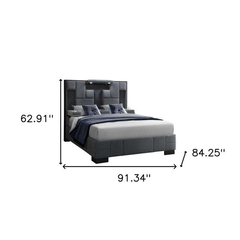 HomeRoots Gray Tufted Upholstery Lighted King Bed Frame