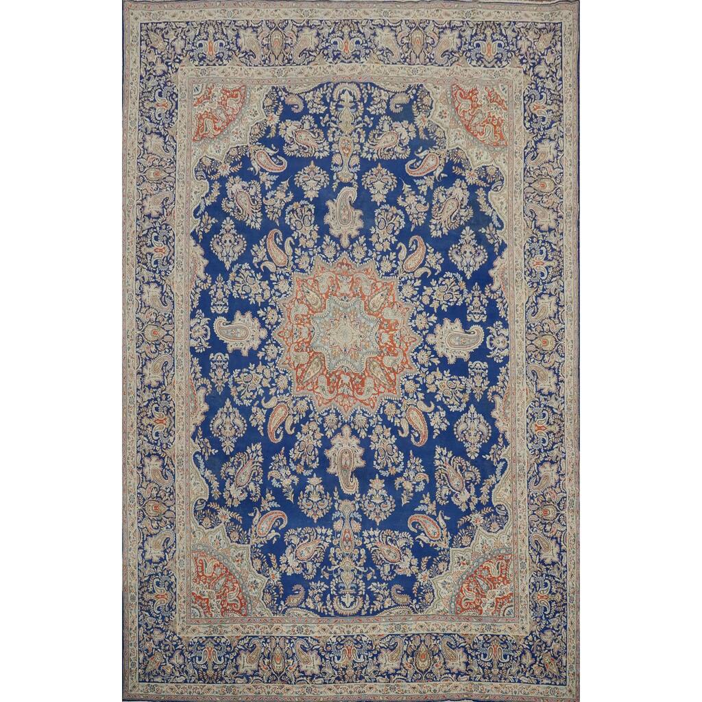 Hand Knotted Oriental 100% Wool Carpet Traditional Floral Navy Blue & Blues Kerman Area Rug - 13' 9'' X 9' 10''