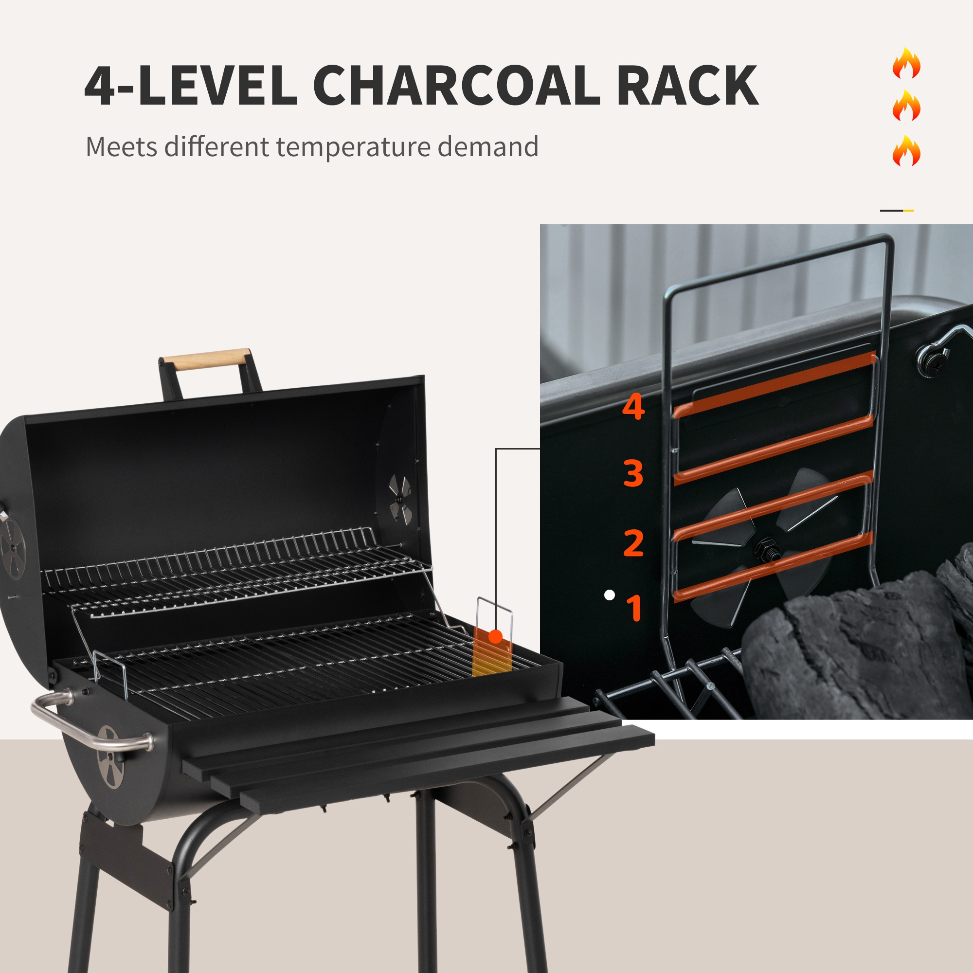 Outsunny 30 Portable Charcoal BBQ Grill Carbon Steel Outdoor Barbecue with Adjustable Charcoal Rack Storage Shelf Wheel Black