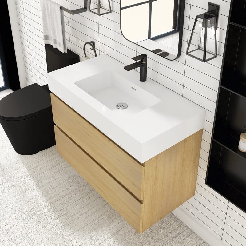 24/30/36 inch Wall-Mounted Bathroom Vanity Set in Oak with Integrated Resin Sink