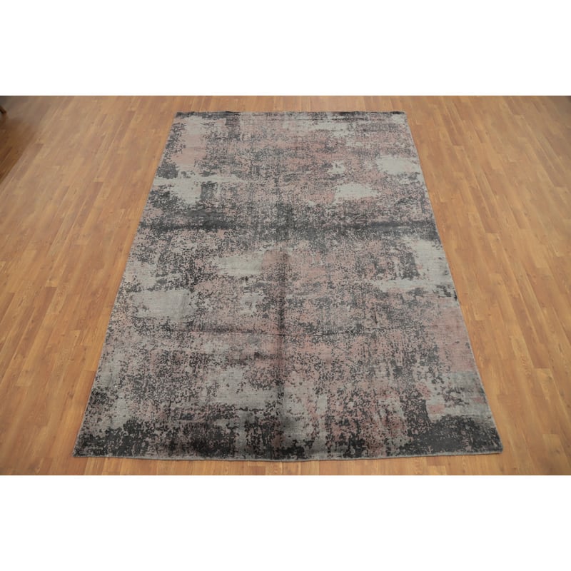Hand Knotted Oriental Viscose Silk Carpet Modern Abstract Multi-Colored Abstract Area Rug - 9' 8'' X 6' 7''