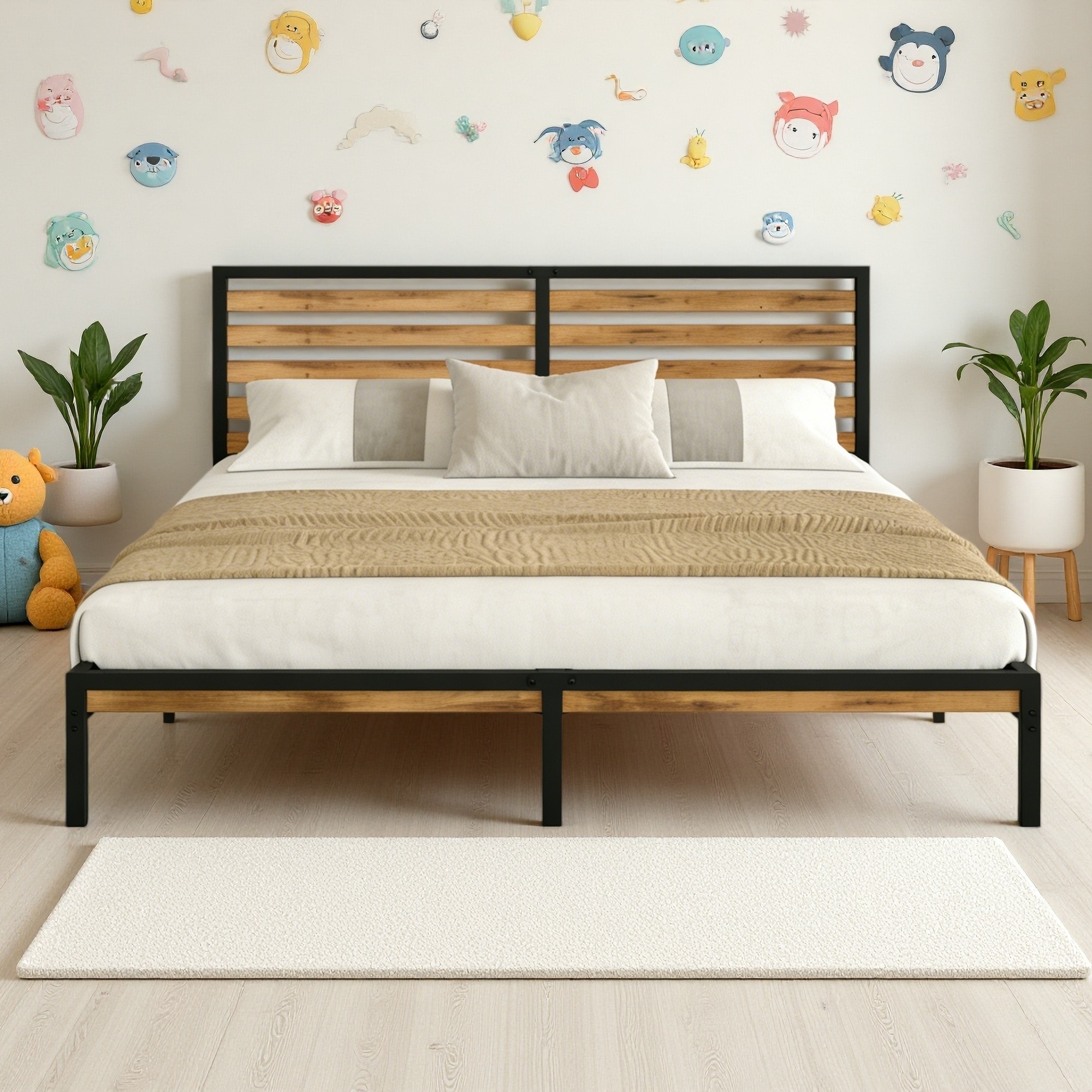 Metal Platform Bed Frame with Wood Headboard, Under-Bed Storage, and No Box Spring Needed