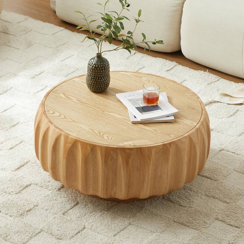 Round Coffee Table, Drum Coffee Table Contemporary Wood Round Coffee Table with Fluted Centry Table