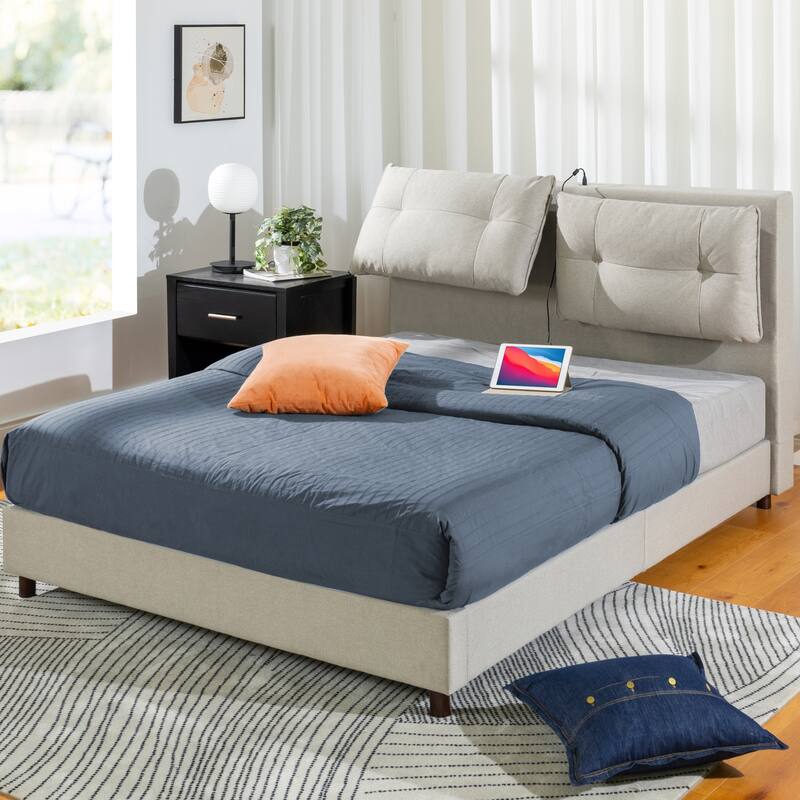 Priage by ZINUS Beige Metal Platform Bed with Reclining Headboard and USB Ports