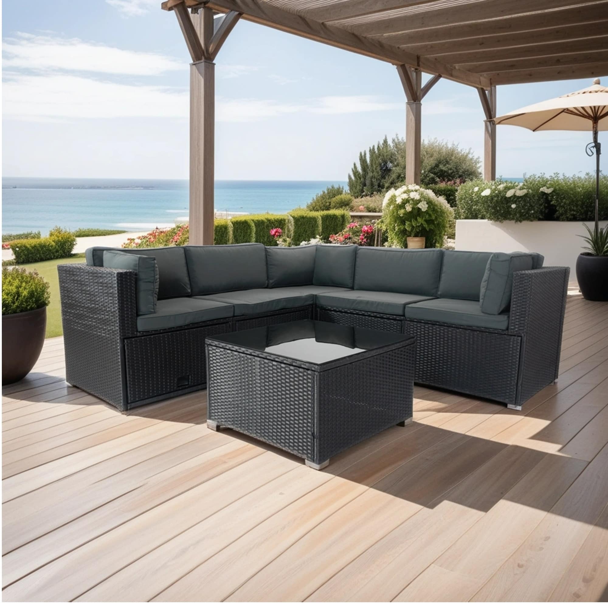 6 Pieces Outdoor PE Rattan sectional Cushioned Sofa Set with 3 Storage Under Seats and Cushion 82.68 X82.68 Bed Bath Beyond 39931035
