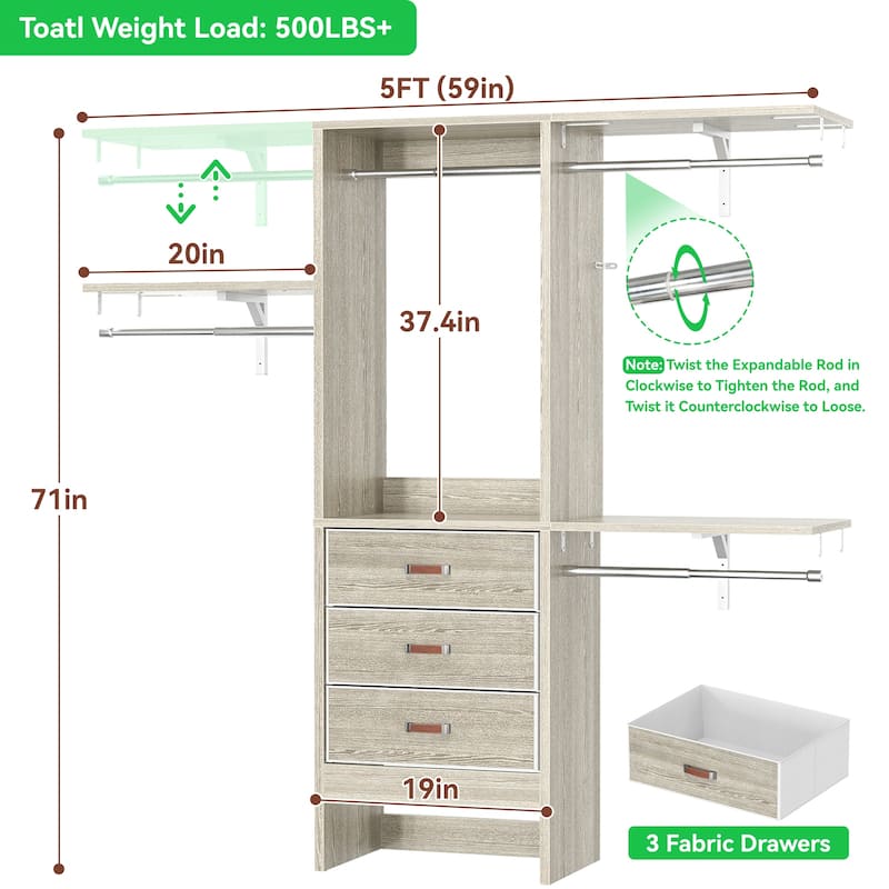4FT Kid‘s Closet System with Fabric Drawers, DIY Closet Organizer with Adjustable Hanging Rods