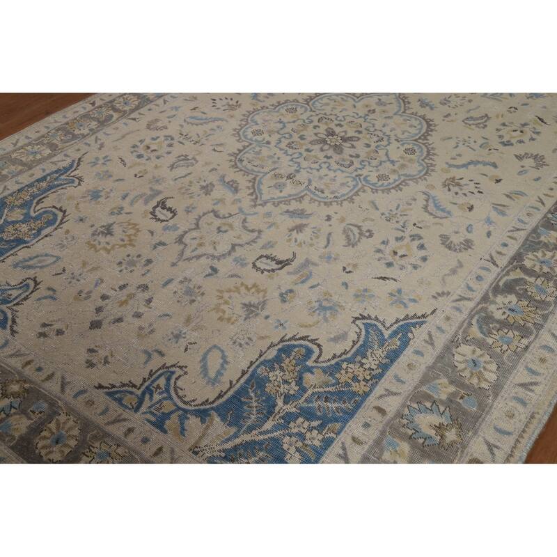 Traditional Floral Tabriz Persian Area Rug Handmade Beige Wool Carpet - 7'0"x 10'4"