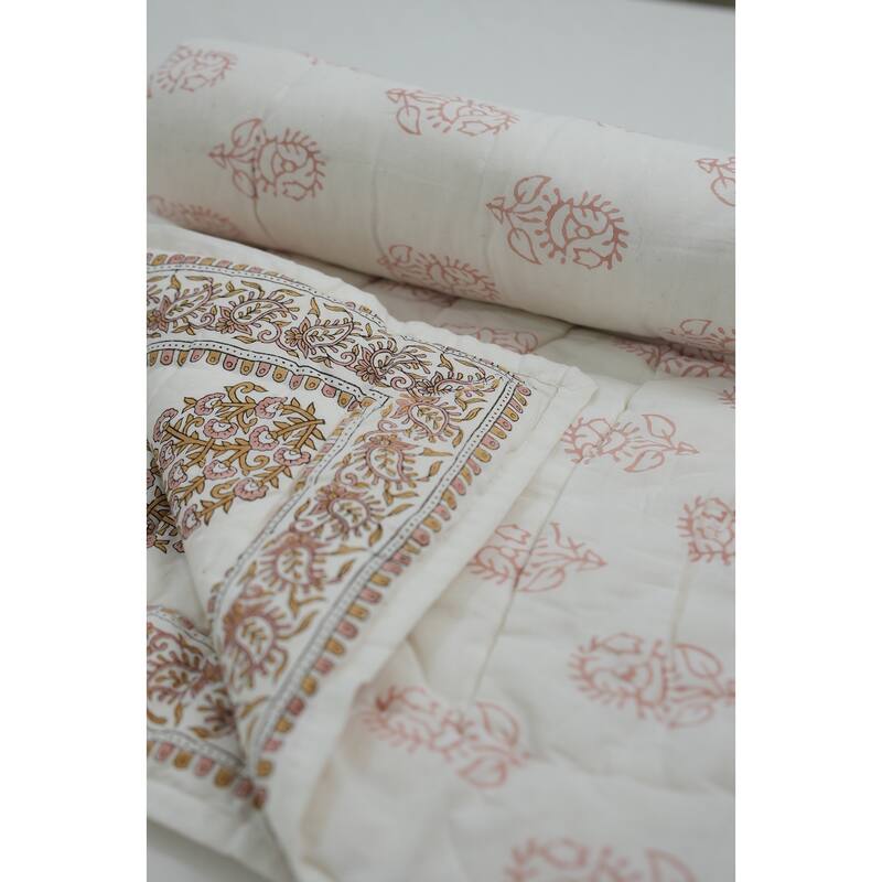 Fabdivine Floral Print Cotton Traditional Bedding Quilt Guldasta Brown Pink, Handmade Reversible Bedspread for Bedroom Decor