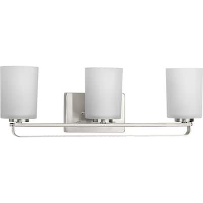 League Collection Three-Light Brushed Nickel and Etched Glass Modern Farmhouse Bath Vanity Light - 23 in x 5.5 in x 7.62 in