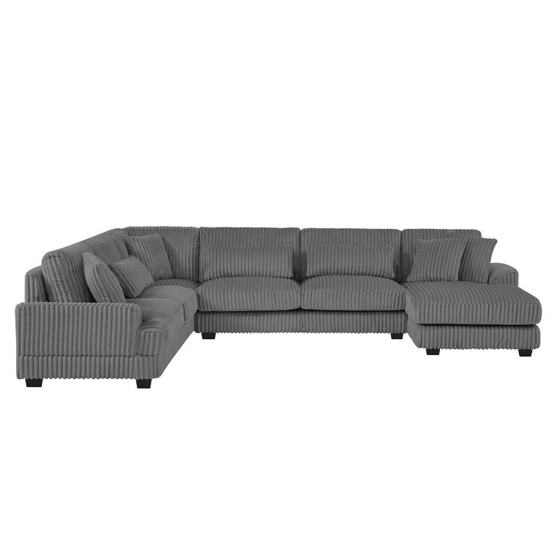 U-Shaped Sectional Sofa with Chaise Lounge, Oversized Corduroy Upholstered Sofa, 5 Seater Sofa with Removable Throw Pillows