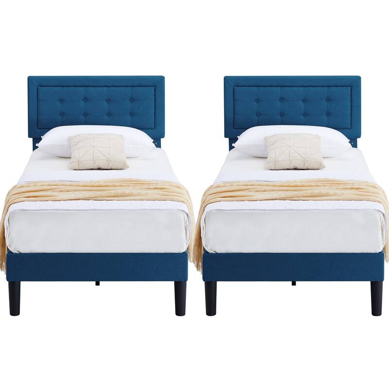 VECELO Tufted Upholstered Kids Bed with Adjustable Headboard,Twin Size Bed Set of 2