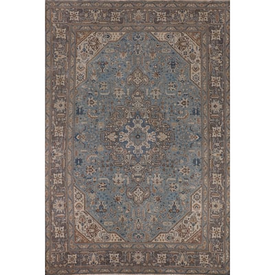 Blue Geometric Tabriz Persian Vintage Area Rug Handmade Wool Carpet - 9'4"x 12'11"