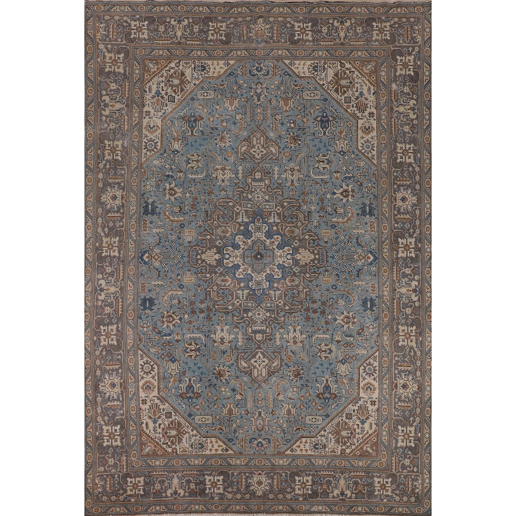 Blue Geometric Tabriz Persian Vintage Area Rug Handmade Wool Carpet - 9'4"x 12'11"