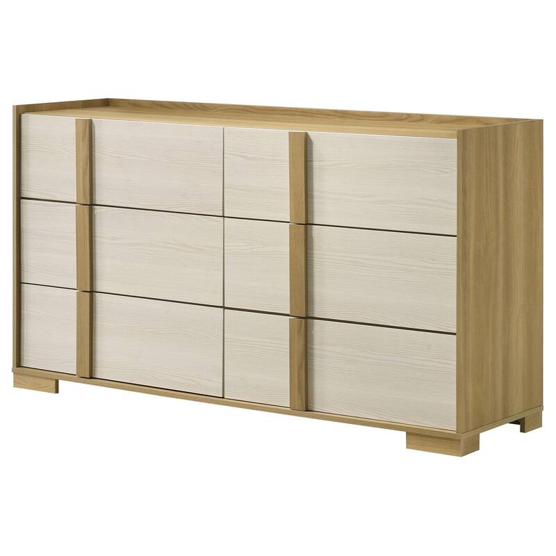 Hyle Wide Dresser, 6 Drawers, Modern Natural Brown and White Finish
