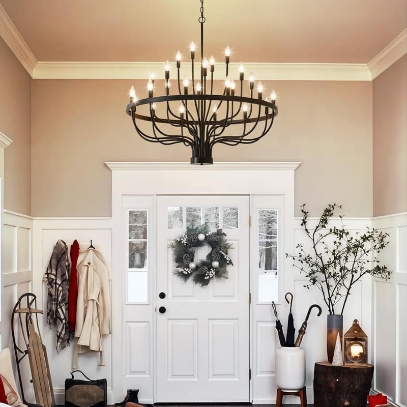 Black Chandelier, Modern Farmhouse Chandelier for Dining Room, Round Industrial Candle Chandeliers